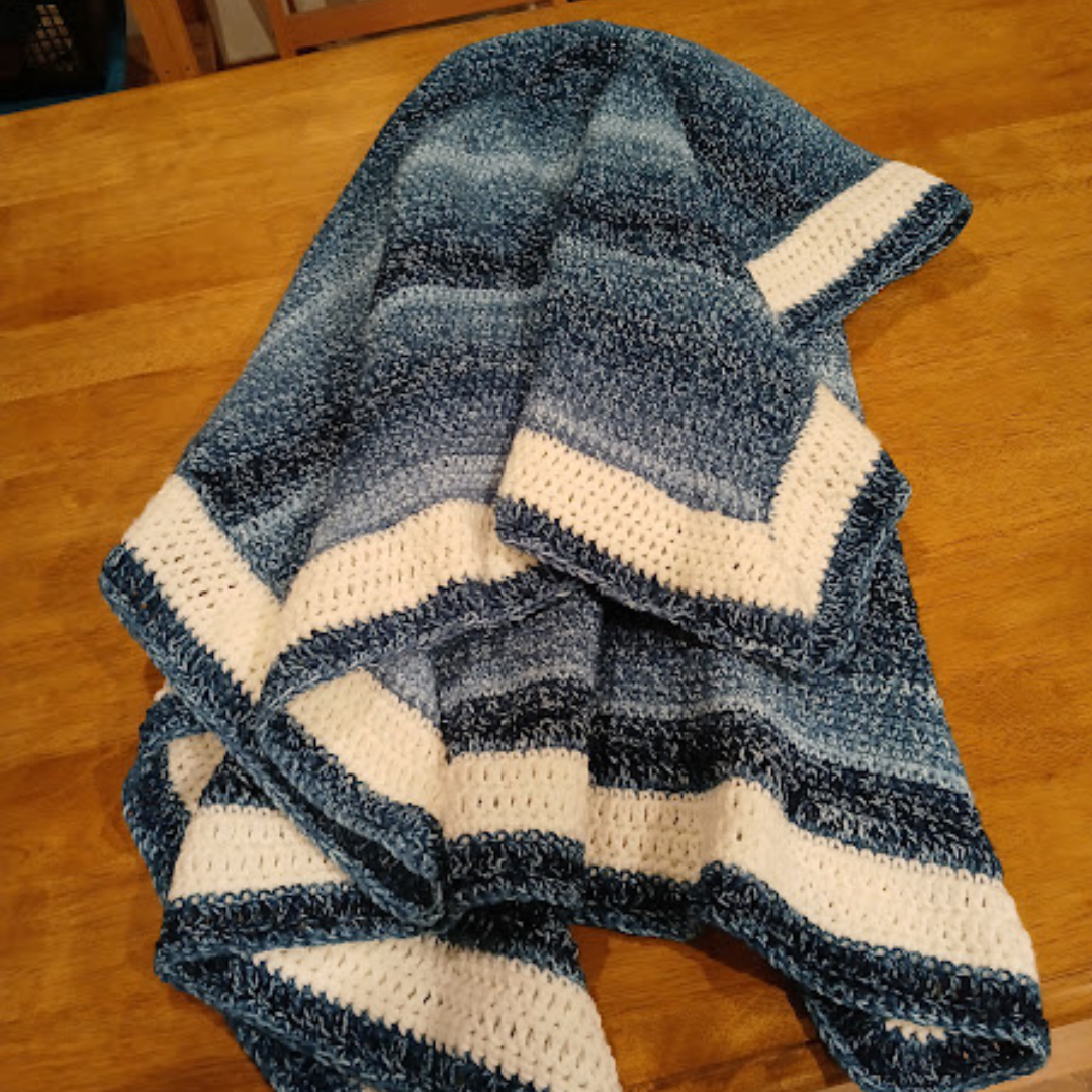 Varigated Blues Blanket - Small Blanket, Throw, Crocheted Afghan, Made from Alpaca Wool Polyester blend Yarn.