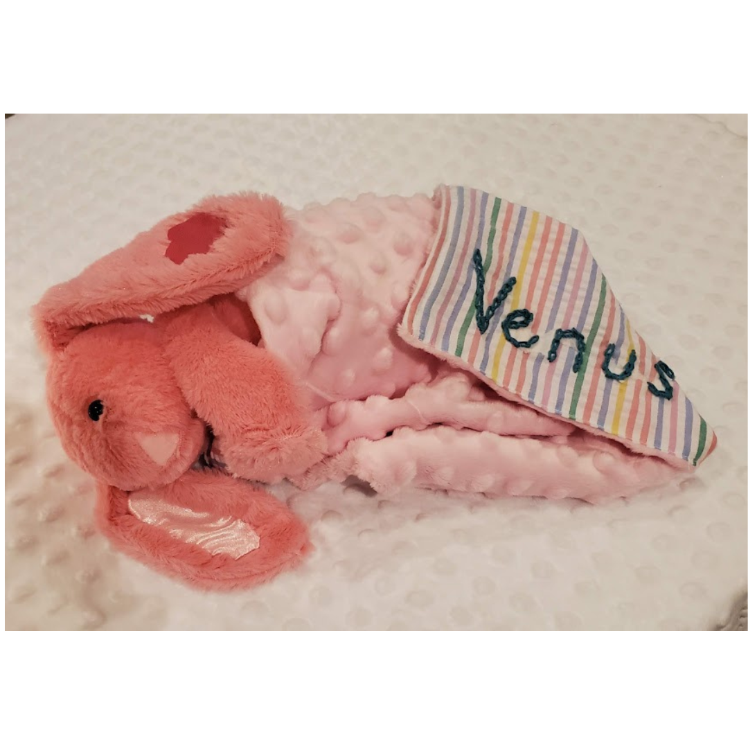 Handmade Bunny Lovey Blankie – Custom Heirloom Security Blanket with Plushie