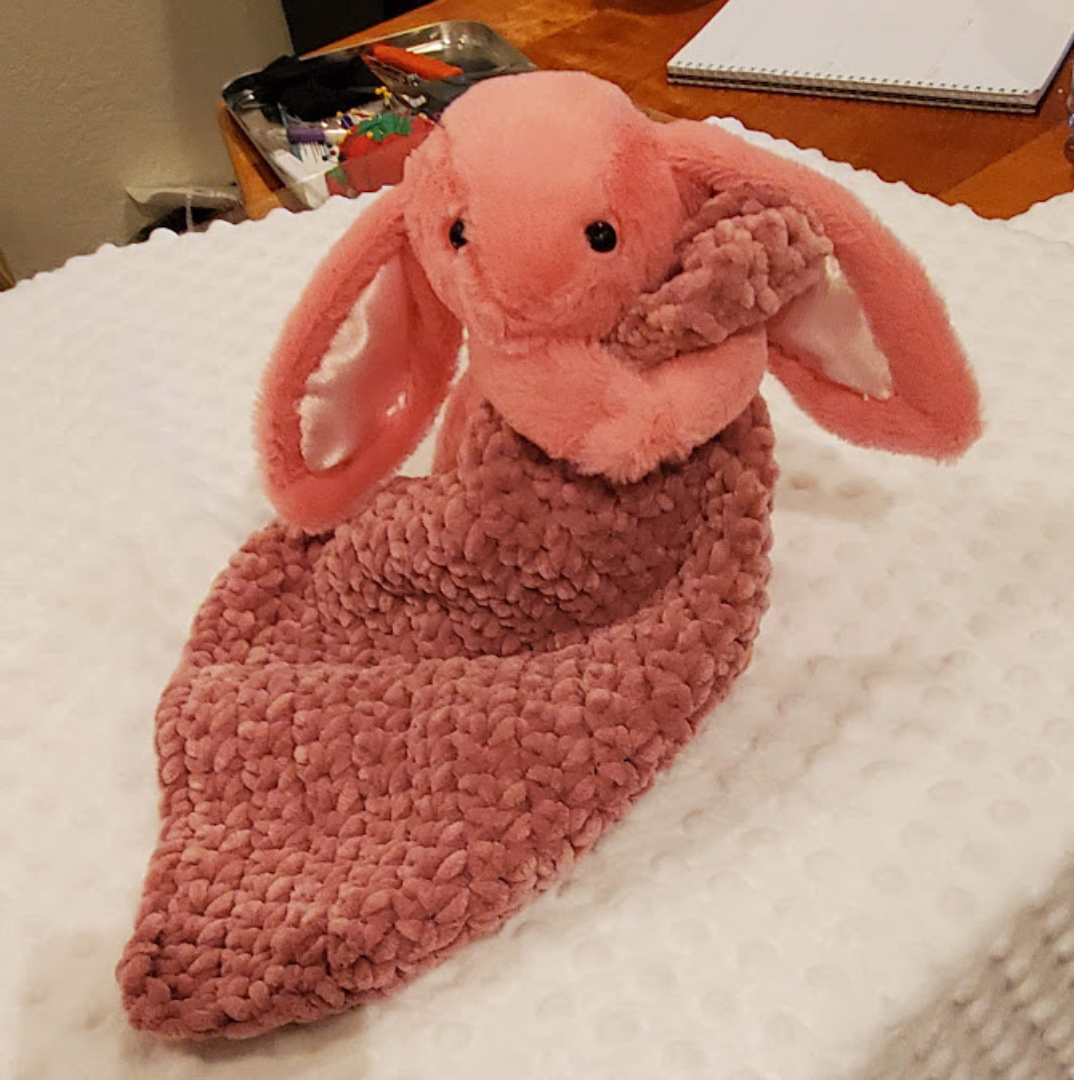 Handmade Bunny Lovey Blankie – Pink Velvet Security Blanket with Plushie