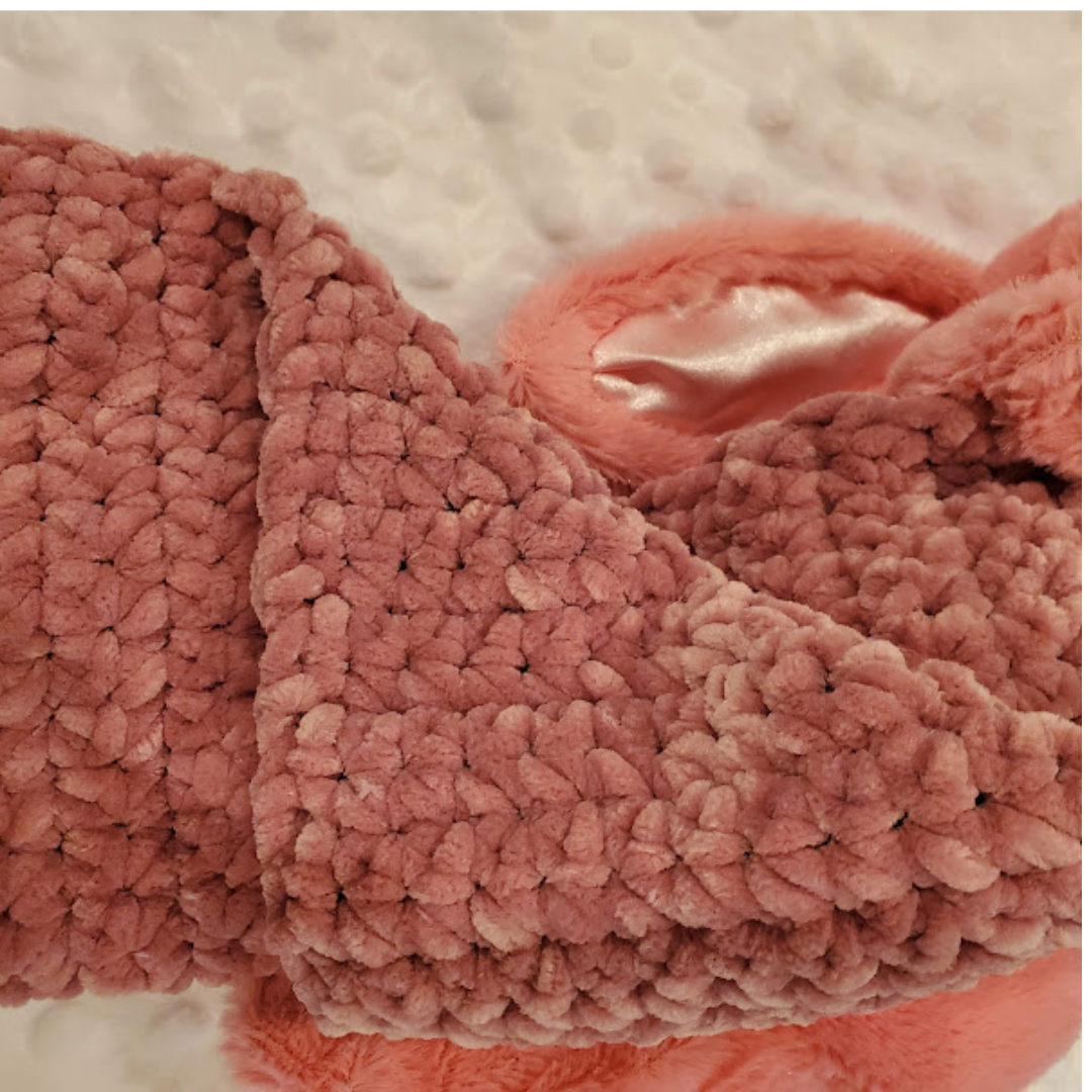 Handmade Bunny Lovey Blankie – Pink Velvet Security Blanket with Plushie