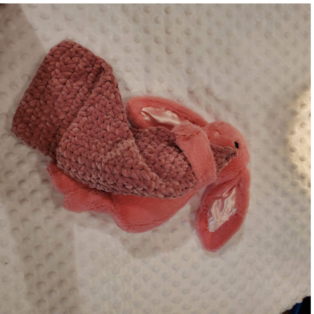 Handmade Bunny Lovey Blankie – Pink Velvet Security Blanket with Plushie