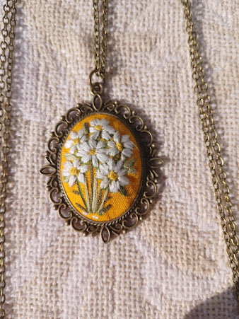 Hand Embroidered Pendant, Old fashioned Pendant and chain, One of a kind, no exact duplicates. (Copy)