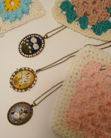 Hand Embroidered Pendant, Old fashioned Pendant and chain, One of a kind, no exact duplicates.