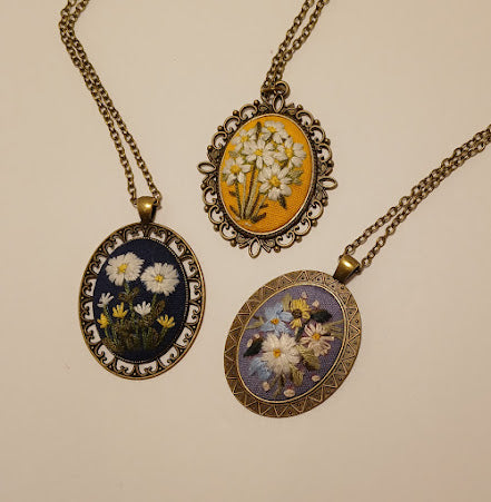 Hand Embroidered Pendant, Old fashioned Pendant and chain, One of a kind, no exact duplicates.