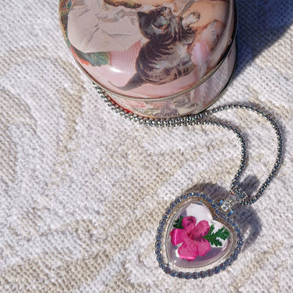 One of a Kind, Handmade Pendant using dried flowers under acrylic cabochon dome. This Pendant is two sided and is like two necklaces in one.