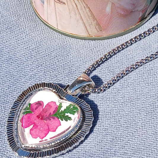 One of a Kind, Handmade Pendant using dried flowers under acrylic cabochon dome. This Pendant is two sided and is like two necklaces in one.