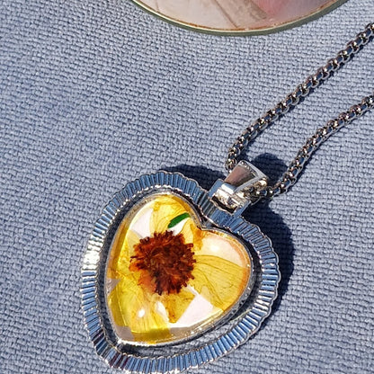 One of a Kind, Handmade Pendant using dried flowers under acrylic cabochon dome. This Pendant is two sided and is like two necklaces in one.