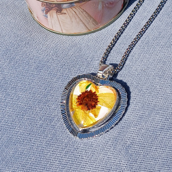 One of a Kind, Handmade Pendant using dried flowers under acrylic cabochon dome. This Pendant is two sided and is like two necklaces in one.