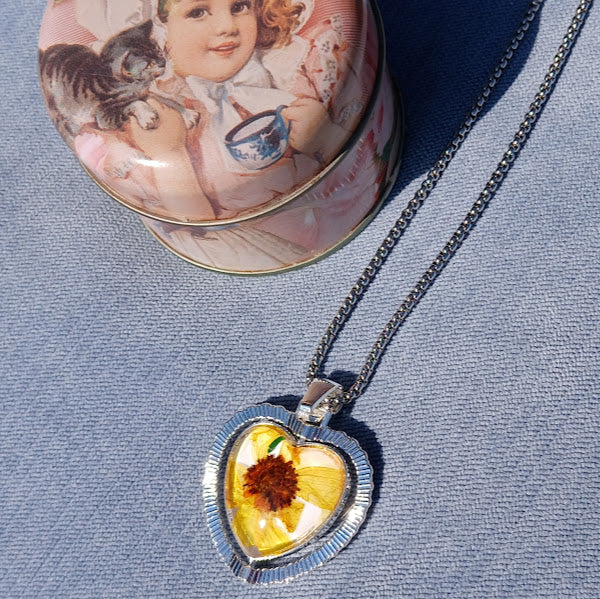 One of a Kind, Handmade Pendant using dried flowers under acrylic cabochon dome. This Pendant is two sided and is like two necklaces in one.