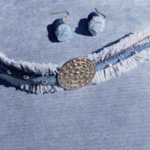 Bracelet and earrings set, fringed denim