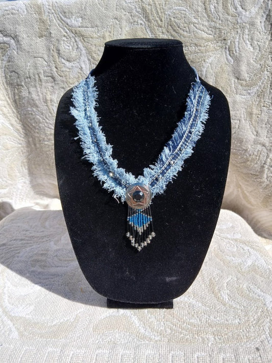 Denim Necklace, Beads and leather tie.