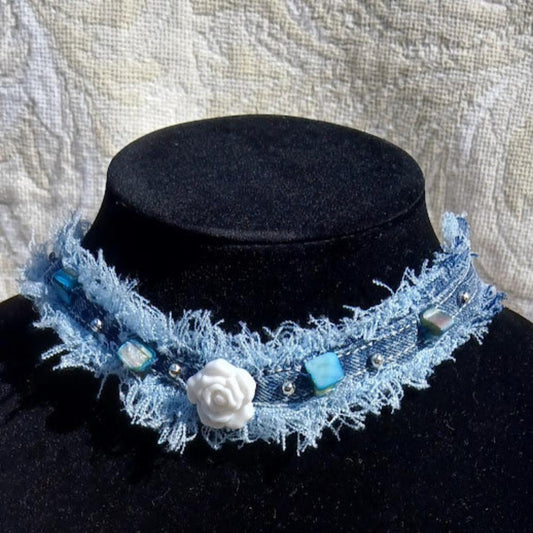 Denim Necklace, Choker, Necklace, Fringe and Beads