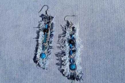 Denim Earrings, fringed and beaded, light weight