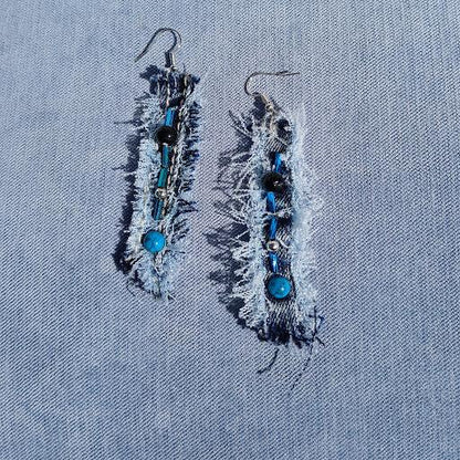 Denim Earrings, fringed and beaded, light weight