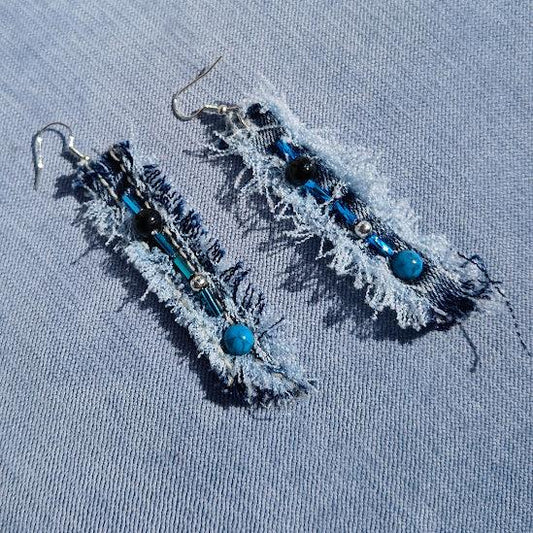 Denim Earrings, fringed and beaded, light weight