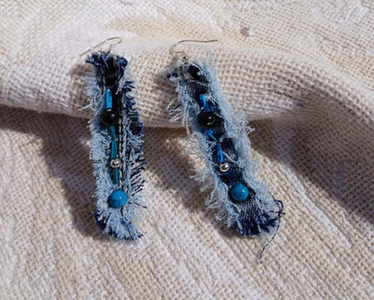 Denim Earrings, fringed and beaded, light weight