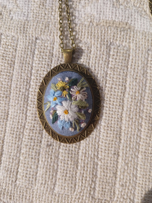 Hand Embroidered Pendant, Old fashioned Pendant and chain, One of a kind, no exact duplicates.