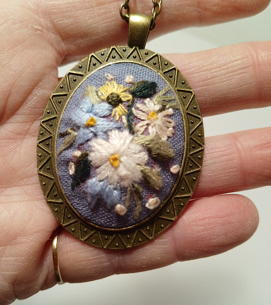 Hand Embroidered Pendant, Old fashioned Pendant and chain, One of a kind, no exact duplicates.