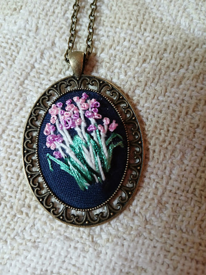 Hand Embroidered Pendant, Old fashioned Pendant and chain, One of a kind, no exact duplicates. (Copy) (Copy)