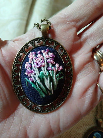 Hand Embroidered Pendant, Old fashioned Pendant and chain, One of a kind, no exact duplicates. (Copy) (Copy)