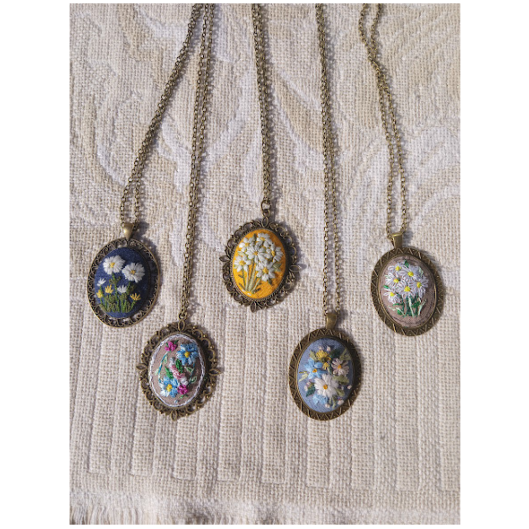 Hand Embroidered Pendant, Old fashioned pendant and chain, one of a kind, no exact duplicates.