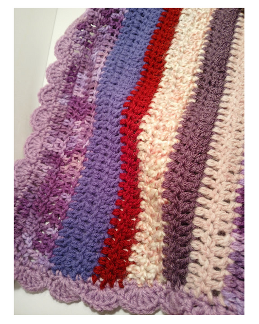 Handmade Crocheted Blanket, Afghan, Throw in Red, Ivory and Purple soft acrylic yarn