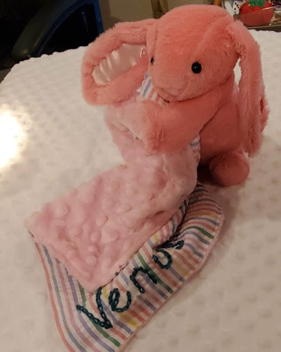 Handmade Bunny Lovey Blankie – Pink Velvet Security Blanket with Plushie