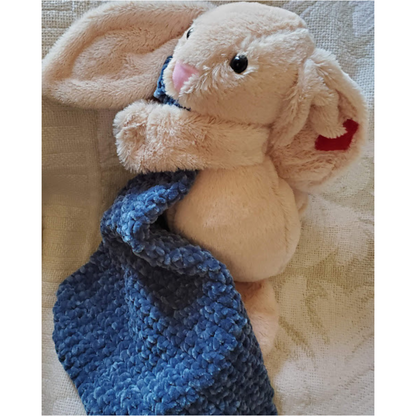 Handmade Lovey Blanket. Soft Bunny has silk ear to hold & safety eyes