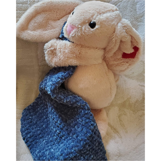 Handmade Bunny Lovey Blankie – Dark Blue Velvet Security Blanket with Plushie  💖 Description
