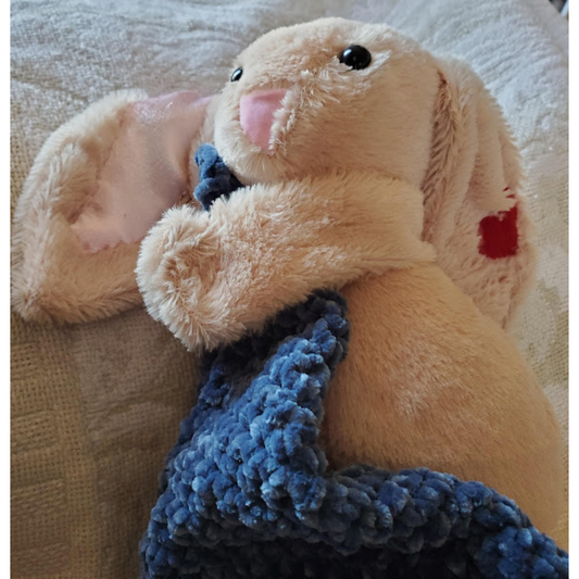 Handmade Lovey Blanket. Soft Bunny has silk ear to hold & safety eyes