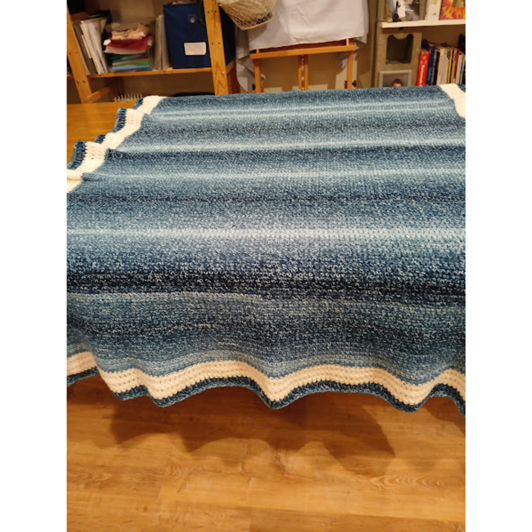 Sofa Throw in blue and white varigated, with white border