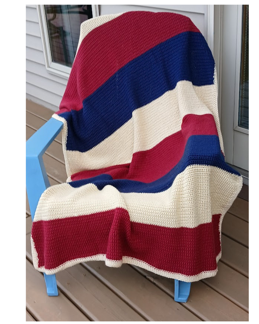 Blanket, Afghan, Sofa Throw in Red, Blue, and Ivory, twin size, comfy and cozy