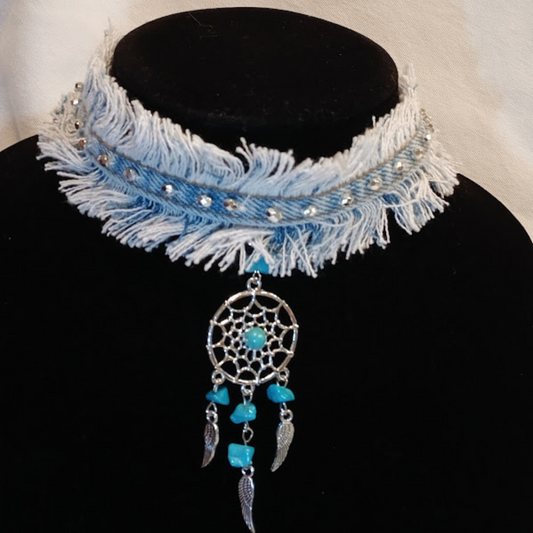 Stylish Beaded Denim Necklace, Leather tie. Made with Quality and Style in mind.  Eco-friendly recycled material, great gift any occasion.