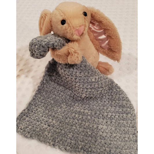 Handmade Lovey Blanket. Soft Bunny has silk ear to hold & safety eyes