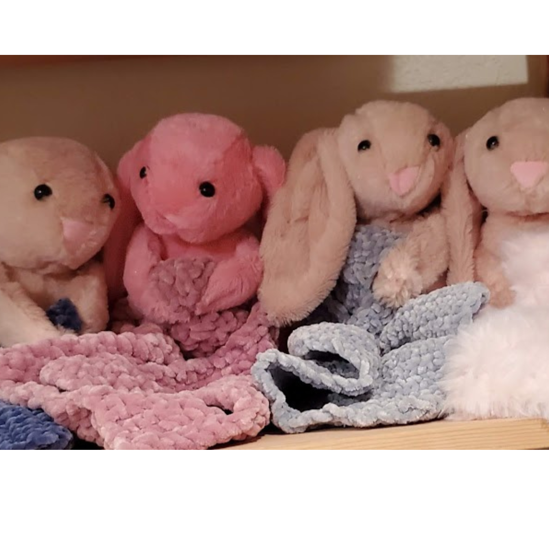 Handmade Lovey Blanket. Soft Bunny has silk ear to hold & safety eyes