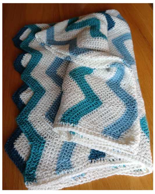 Blanket, Afghan, Sofa Throw in 3 shades of teal and chevron stripe.  Soft and cozy twin size blanket