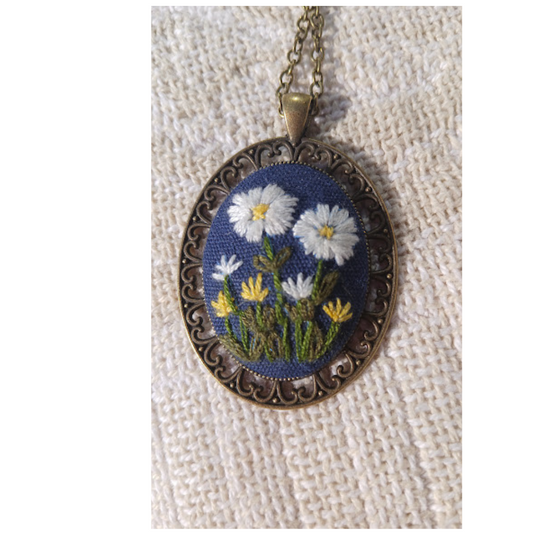 Hand Embroidered Pendant, Old fashioned Pendant and chain, One of a kind, no exact duplicates.