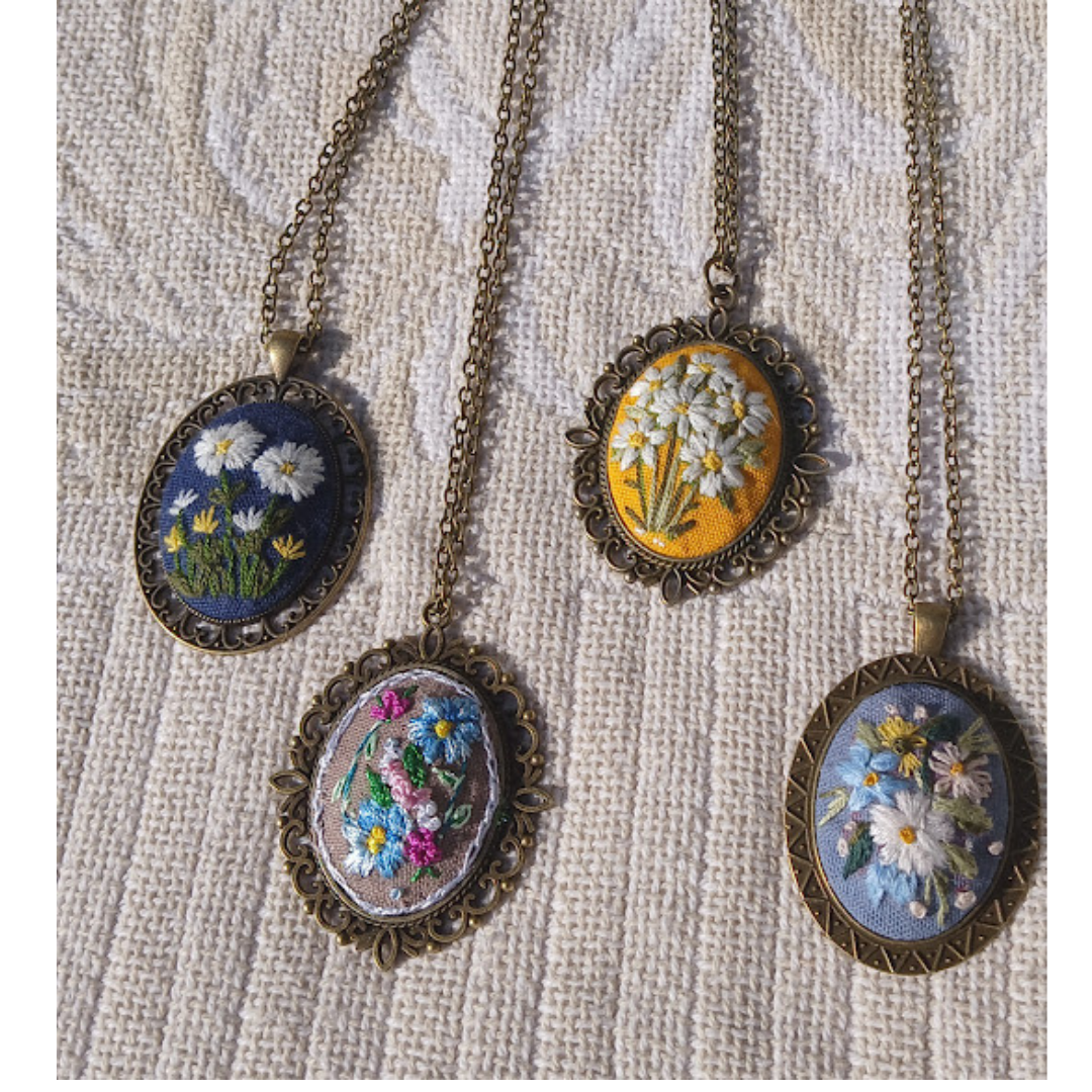 Hand Embroidered Pendant, Old fashioned Pendant and chain, One of a kind, no exact duplicates. (Copy)