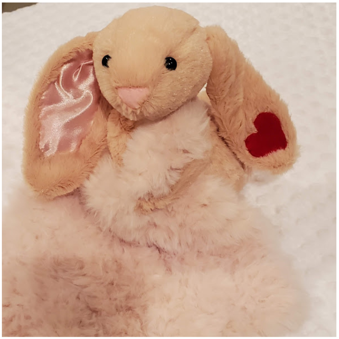 Handmade Lovey Blanket. Soft Bunny has silk ear to hold & safety eyes