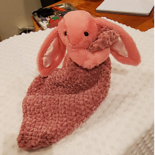 Handmade Lovey Blanket. Soft Bunny has silk ear to hold & safety eyes