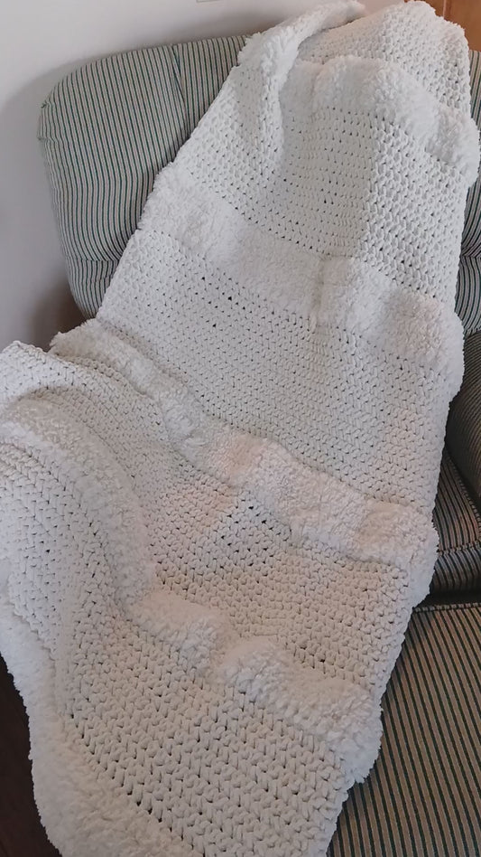 Handmade Crocheted Blanket in Winter White Bulky Yarn.