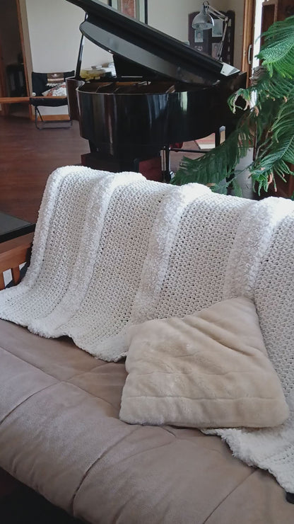 Handmade Crocheted Blanket in Winter White Bulky Yarn.