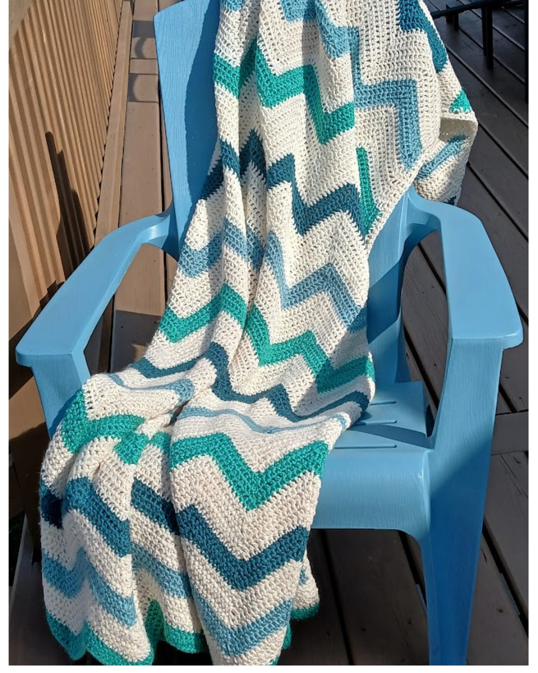 Blanket, Afghan, Sofa Throw in 3 shades of teal and chevron stripe.  Soft and cozy twin size blanket